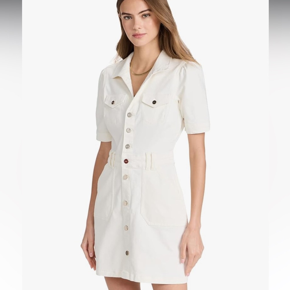 PAIGE White Puff Sleeve Polo Collar Mini Dress